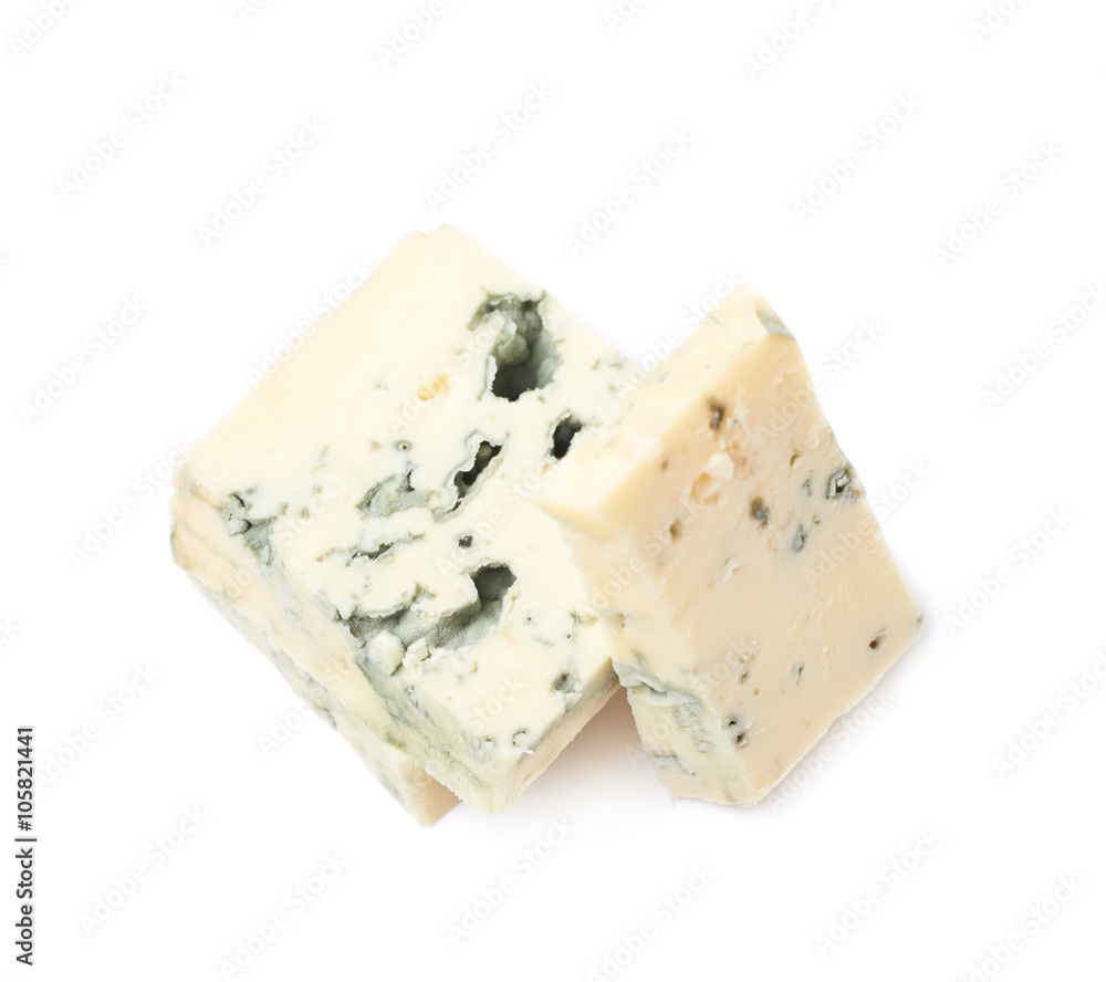 Pile of blue cheese slices isolated