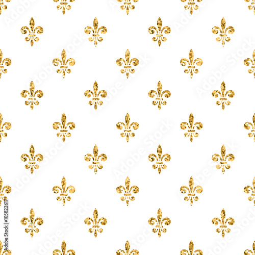 Golden fleur-de-lis seamless pattern. Gold glitter and white template. Floral texture. Glowing fleur de lis royal lily. Design vintage for card, wallpaper, wrapping, textile, etc. Vector Illustration.