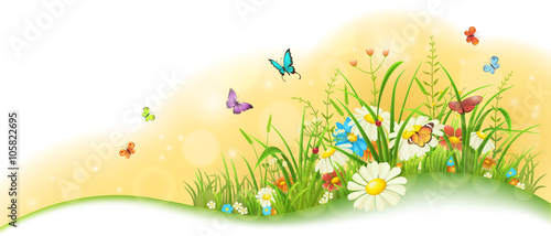 Summer sunny meadow banner with grass, colorful flowers and butterflies