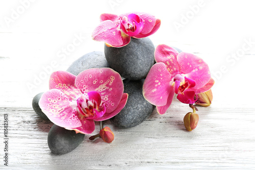Beautiful composition of orchid and pebbles on white wooden background  copy space