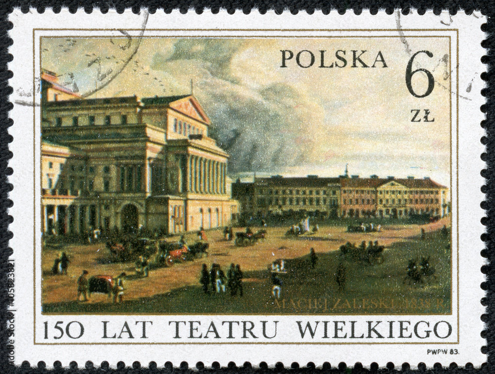 stamp printed in POLAND shows a view of the Grand Theatre