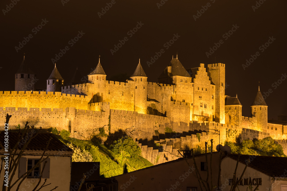 Castle and city walls of Carcassonne at night
