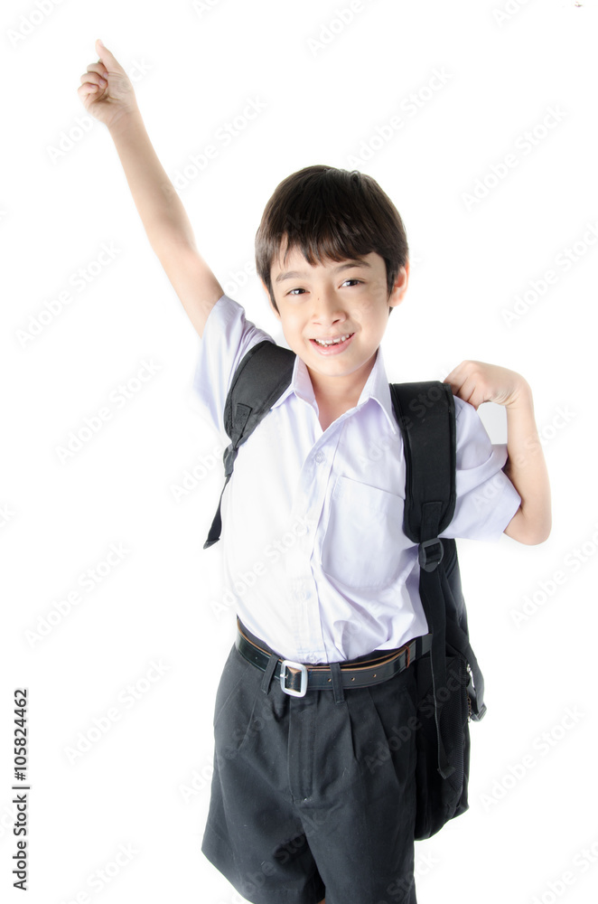 Little student boy in uniform on white background Little student boy in uniform on white background