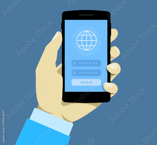 Sign in page on smartphone screen. Hand hold smartphone. Mobile account. Personal data security. Concept for web banners,  sites, infographics.