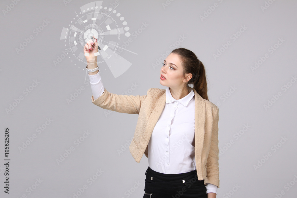 Future technology. Woman working with futuristic interface Future technology. Woman working with futuristic interface