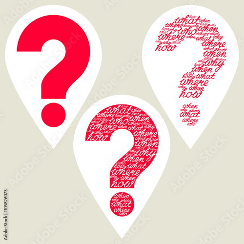 Question marks set. Hand drawn question mark made of question words. Carved out question mark. Red question mark. Help symbol. Isolated background.