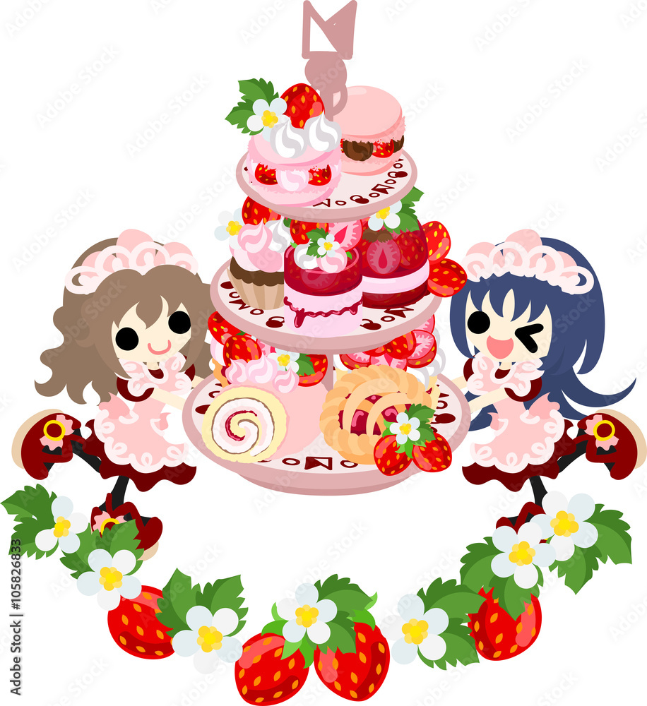 Waitresses and many strawberry sweets