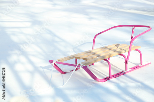 Wooden sled on snow, outdoor