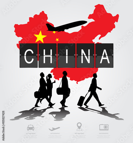 Infographic silhouette people in the airport for china flight.