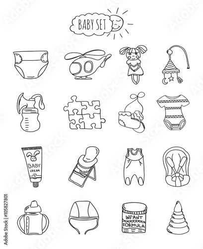 A family-friendly hotel of icons and elements. Set of children's items, accessories and toys hand drawn elements  doodles isolated on white background. Vector