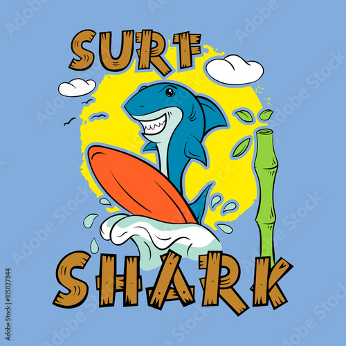 Shark surfer. Print for T-shirt. Surfboard child's drawing.