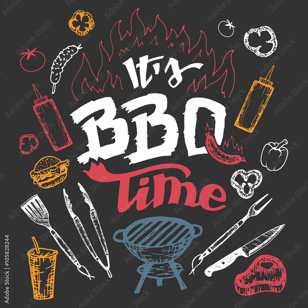 It's barbecue time. Hand drawn bbq elements set in sketch style on black  background Stock Vector | Adobe Stock