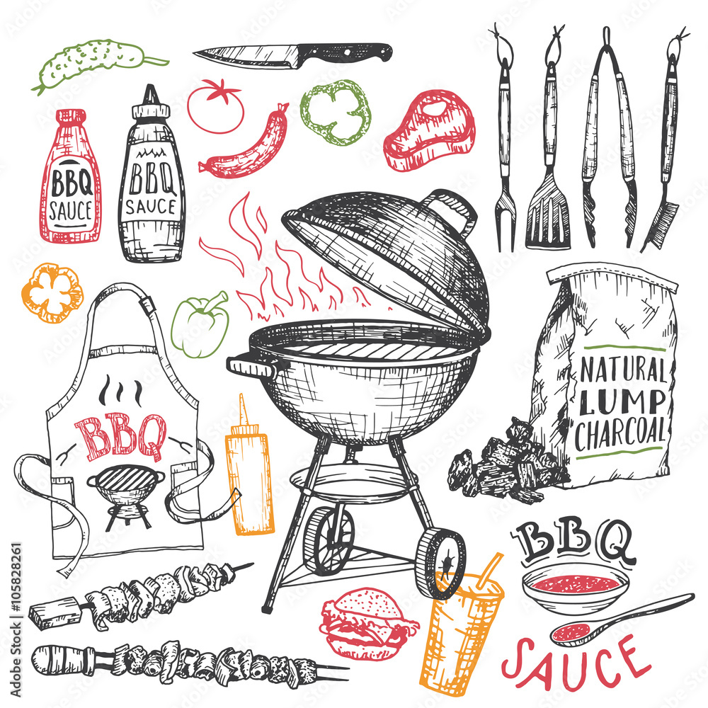 Barbecue hand drawn elements set in sketch style isolated on white background. Tools and foods for bbq party - obrazy, fototapety, plakaty 