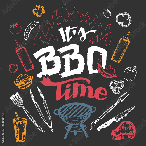 It's barbecue time. Hand drawn bbq elements set in sketch style on black background