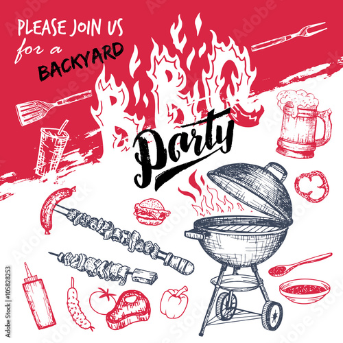 Barbecue party invitation. Hand drawn elements set in sketch style isolated on white background. Tools, foods and drinks for bbq party. Hand lettering with brush calligraphy