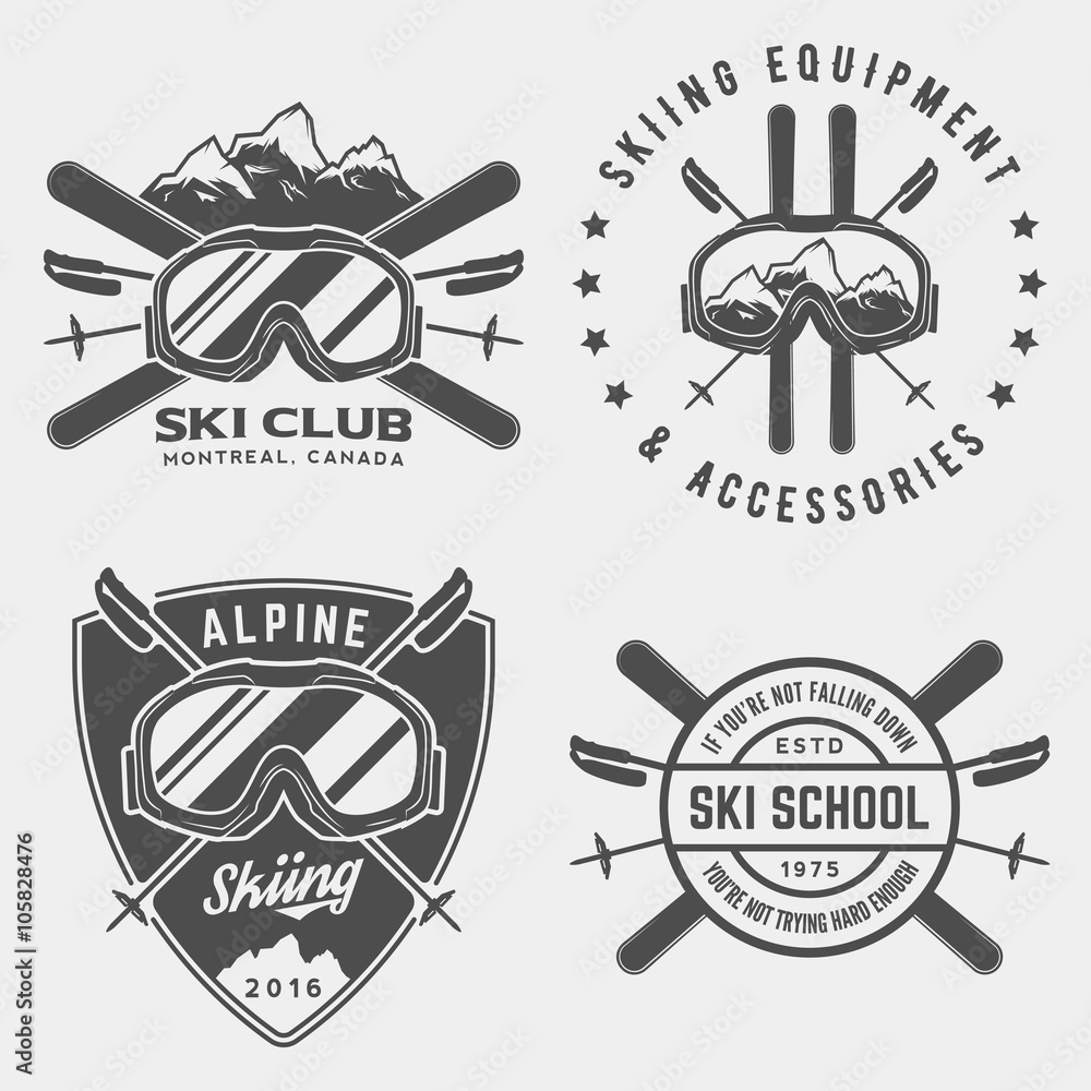 vector set of skiing logos, emblems and design elements - obrazy, fototapety, plakaty 