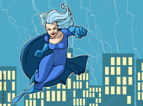 Illustration of super lady in bright costume