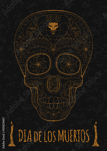 Dia de Muertos Tattoo Skull Day of The Dead Monochrome. Flyer Template. stone texture