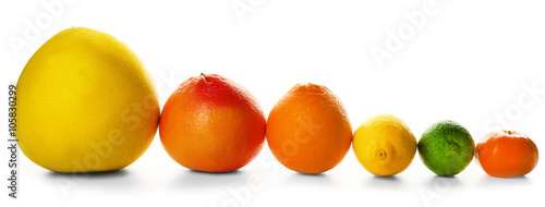 Mixed citrus fruit including a grapefruit, an orange, a lemon, a tangerine, a lime and a pomelo fruit lined and isolated on a white background, close up