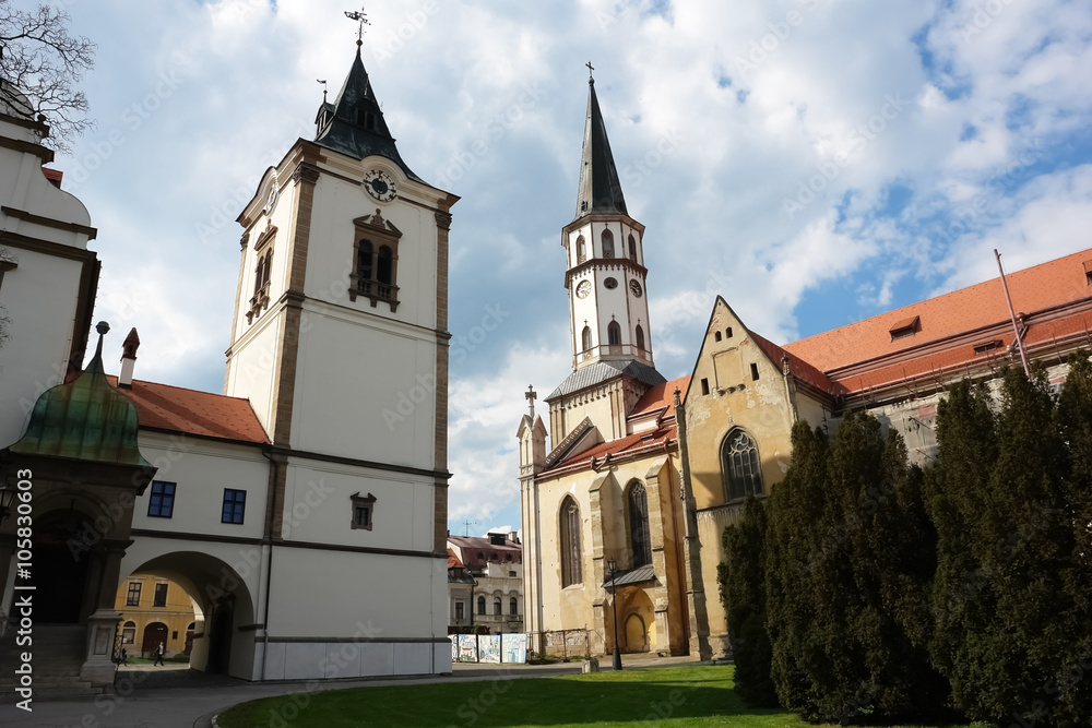 Levoca, PRESOV, SLOVAKIA -MAY 01, 2014: Old historic building and church on the central square in Levoca, Slovakia.