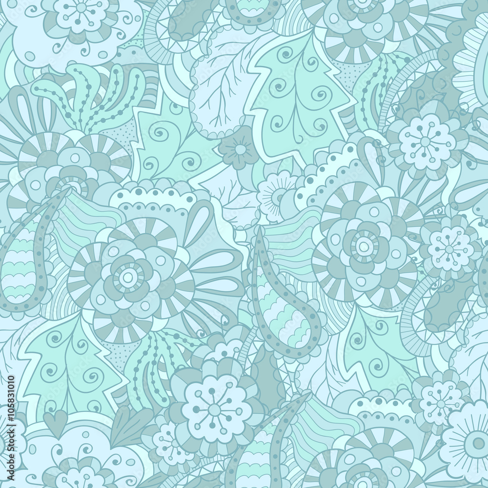 Abstract doodle floral pattern. Seamless background with flowers and leaves in blue. 