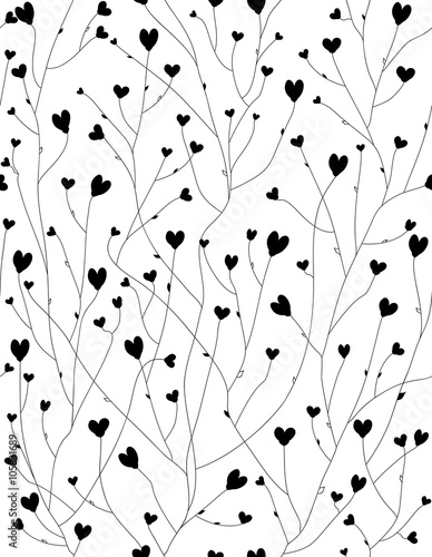 Vector seamless floral, hearts shapes  pattern, black silhouette