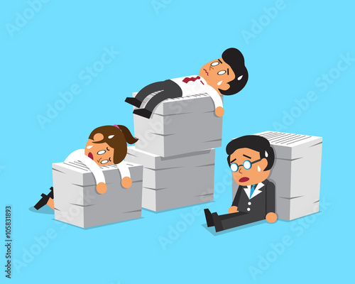 Cartoon business team with a lot of work