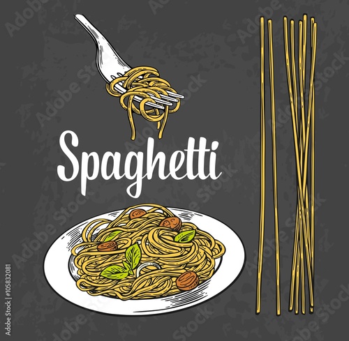 Spaghetti on fork and plate. Vector engraving vintage black illustration isolated on white background.