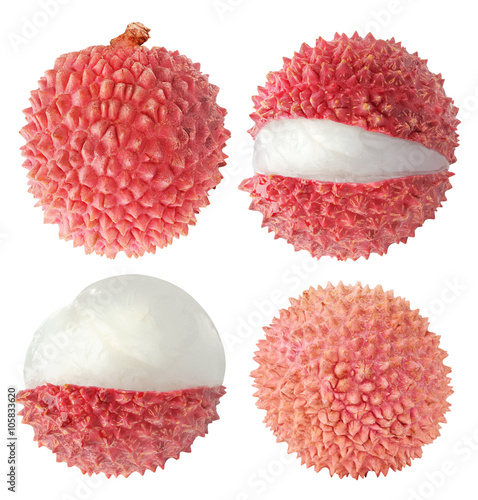 Collection of isolated whole and cut lychee fruits