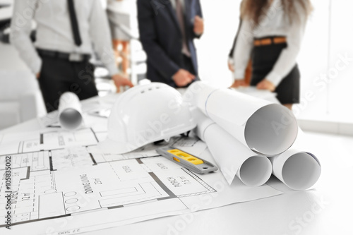 Blueprints on table, closeup