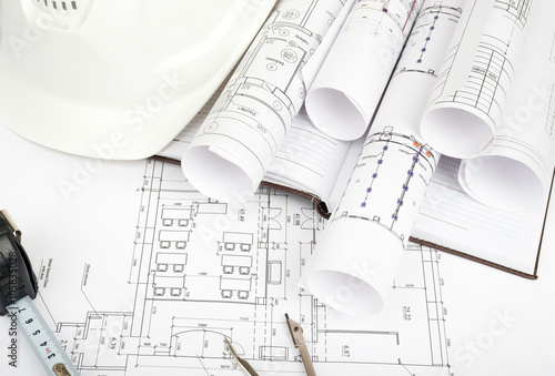 Architecture plan and rolls of blueprints