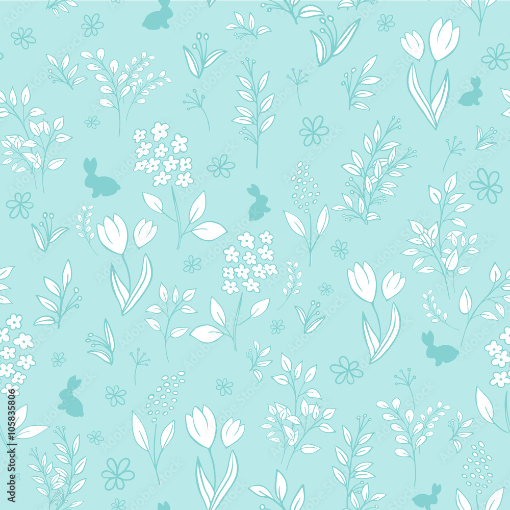 vector hand drawn floral seamless eastern pattern with branches, tulips, lilacs, mimosas and silhouettes of rabbit vector hand drawn floral seamless eastern pattern with branches, tulips, lilacs, mimosas and silhouettes of rabbit