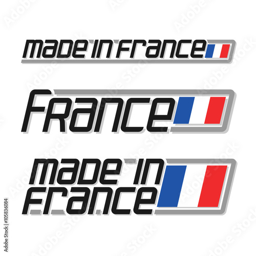 Vector illustration of the logo for "made in France", consisting of three isolated illustrations with the french flag and text on a white background