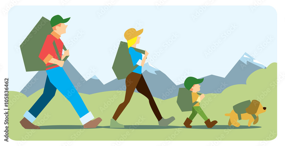Fototapeta premium Family going to the mountain with backpacks. Family travelers, active forms of recreation, hiking, adventures. On the background of mountains with snow-capped peaks.