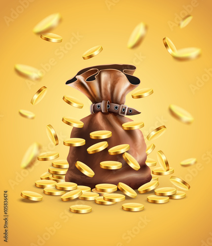 Gold coins falling down and full sack