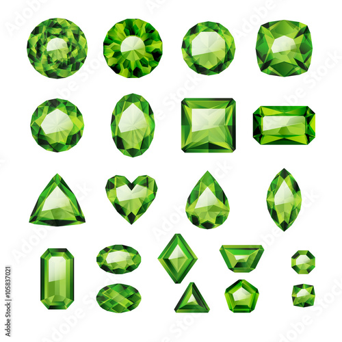 Set of realistic green jewels. Green emeralds. photo