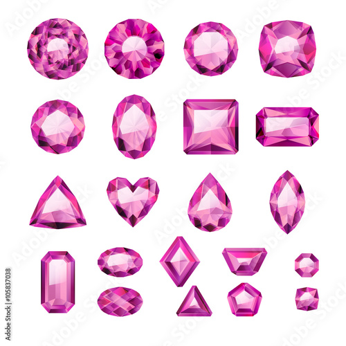 Set of realistic pink jewels. Rubies isolated.
