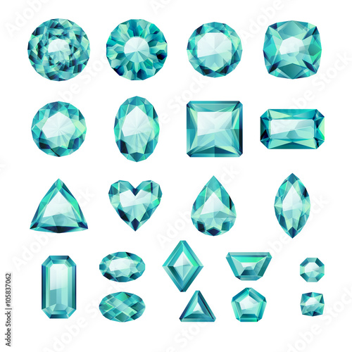 Set of realistic green jewels. Emeralds isolated.