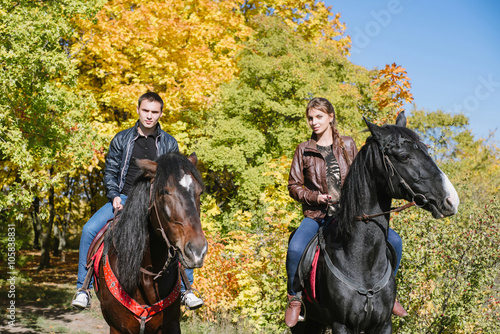 couple in love, horseback riding, tenderness, forest