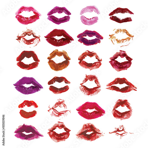 Lipstick kiss isolated on white, lips set, design element. 