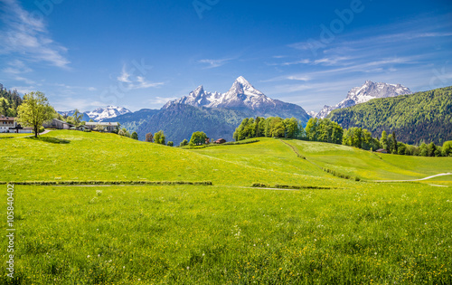 Idyllic landscape in the Alps with meadows and mountain tops
