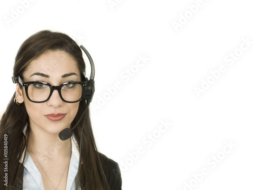 Attractive Young Business Woman Talking on Headset Telephone Sales and Marketing