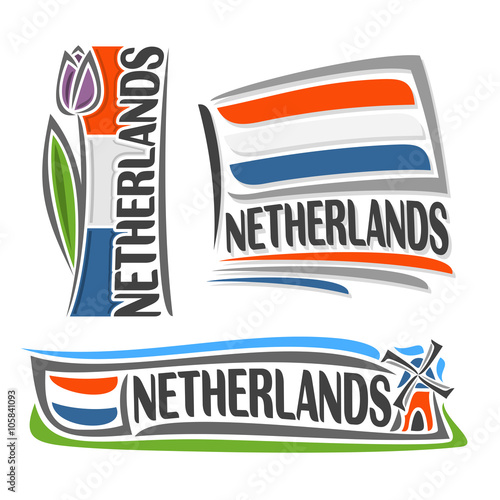 Vector illustration of the logo for Netherlands, consisting of 3 isolated illustrations:vertical flag image with purple tulip, horizontal symbol of Netherlands and the flag on background of windmill