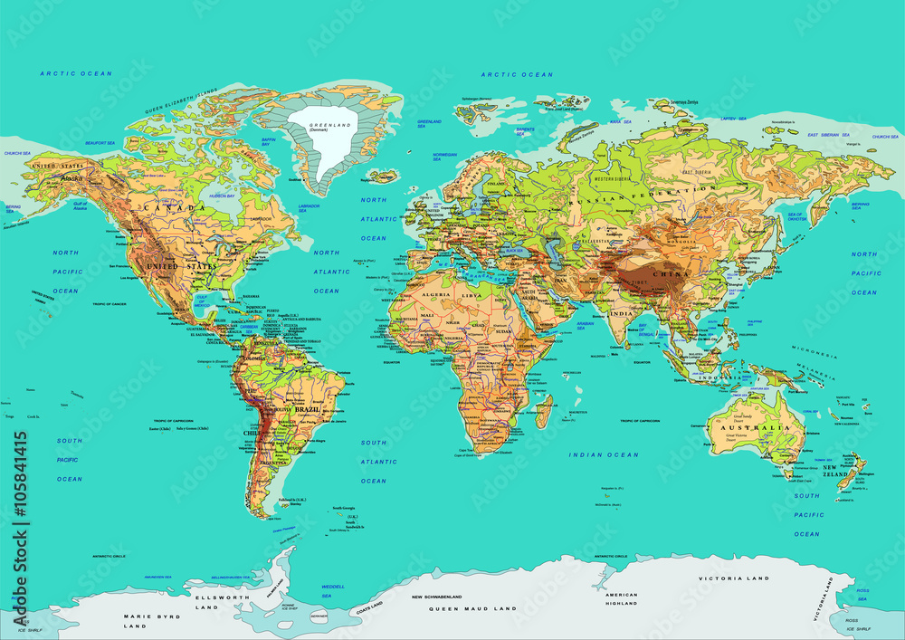Naklejka premium Mapa świata, ilustracji wektorowych. Nazwy i obramowania na osobnej warstwie.
