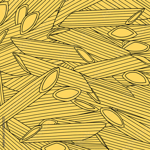 Hand drawn penne pasta yellow background. Kitchen wallpaper 