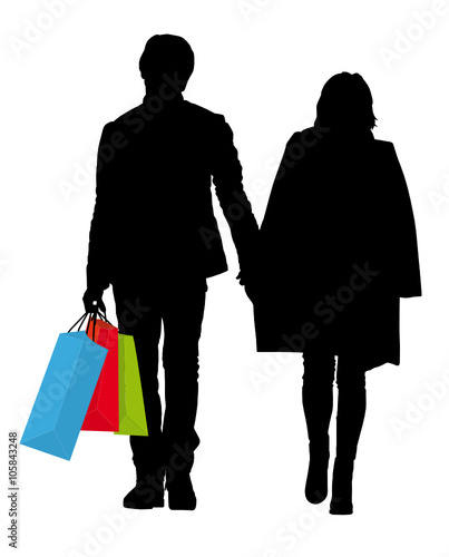 silhouette of man and woman with colorful bags when shopping