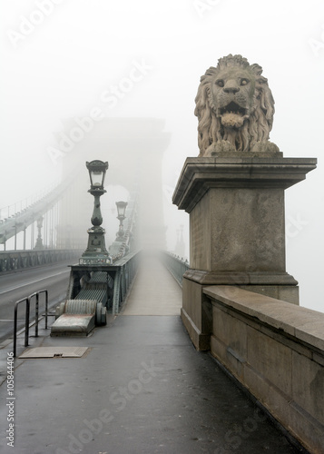 Chain bridge in fog - Budapest, Hungary photo