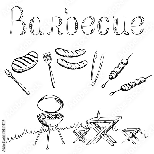 Barbecue graphic art black white isolated illustration vector