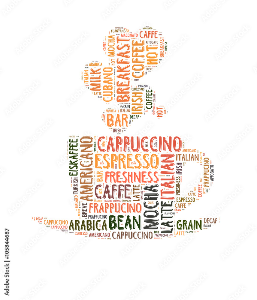 Coffee word cloud, words related to coffee in shape of coffee mug Stock