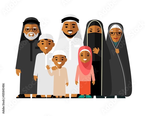 Social concept - happy muslim arabic family isolated on white background in flat style
